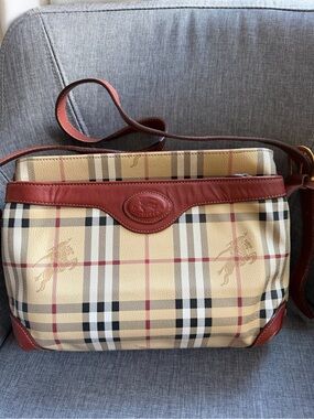 Burberry Beige Check Crossbody with Red-Brown Leather Trim